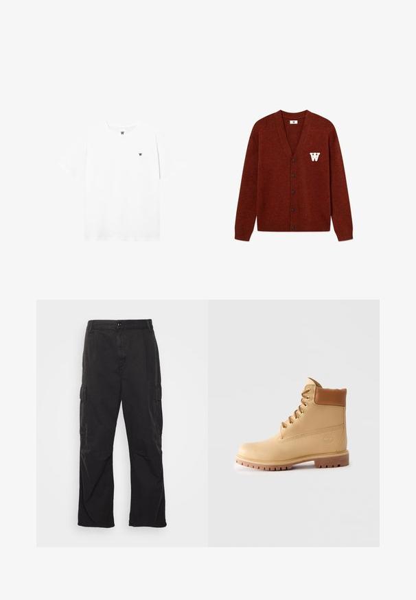 DOUBLE A BY W.W. WWTAY CARDIGAN 25081 - Cardigan - decadent chocolate melange; T-shirt bianco a maniche corte con collo rotondo, dotato di un piccolo logo circolare che presenta una "W" nera nell'area del petto sinistro.; Pantaloni cargo neri con design a gamba dritta, dotati di due tasche laterali, chiusura con bottone e un tessuto testurizzato.; Stivaletto in pelle marrone chiaro con colletto imbottito, occhielli dorati, lacci color nocciola e suola robusta su sfondo chiaro.