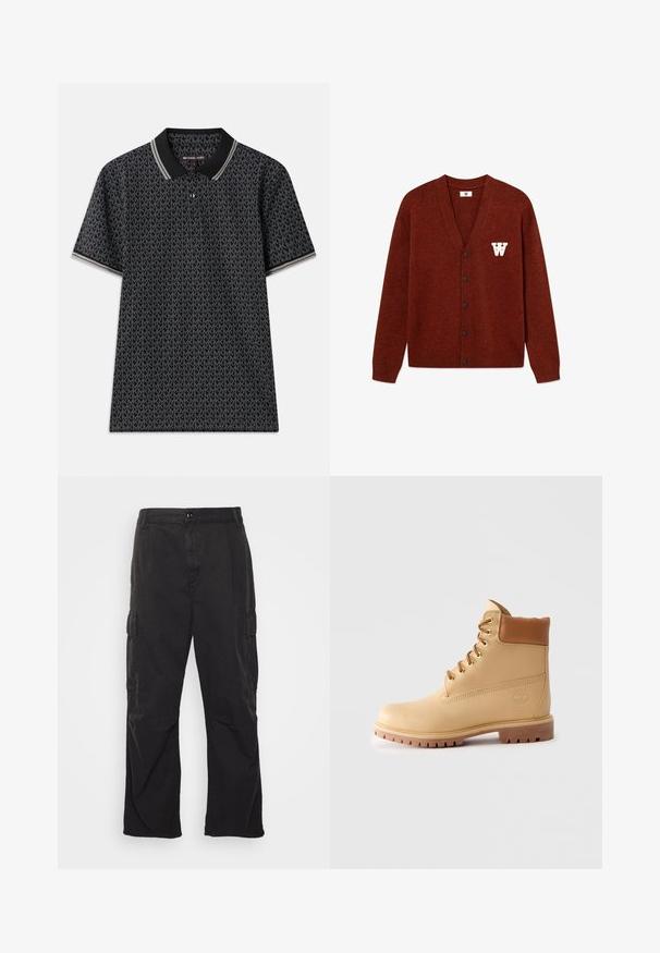 DOUBLE A BY W.W. WWTAY CARDIGAN 25081 - Neuletakki - decadent chocolate melange; Musta poolakaelusega särk, millel on korduv "MK" muster, lühikesed varrukad, krael kolm nööpi ja kontrastsed triibustikku krael.; Mustat cargo-housut suoralinjaisella muotoilulla, joissa on kaksi sivutaskua, nappikiinnitys ja teksturoitu kangas.; Vaaleanruskea nahkainen nilkkuri, jossa on pehmustettu kaulus, kullankirjavat nauhaverkot, vaaleat nauhat ja paksu karkeapohja vaalealla taustalla.