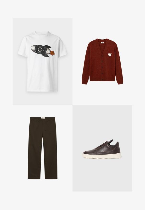 DOUBLE A BY W.W. WWTAY CARDIGAN 25081 - Vest - decadent chocolate melange; Witte T-shirt met korte mouwen, met een zwart en zilver raketafbeelding die oranje vlammen uitstraalt, gecentreerd op de voorkant.; Bruine katoenen broeken met een rechte snit, voorzien van voorzakken, een knoopsluiting en een label op de tailleband. Gladde textuur en uniforme kleur.; Donkerbruin gestructureerd leren sneaker met vetersluiting en een witte gegroefde rubberen zool tegen een effen lichte achtergrond.