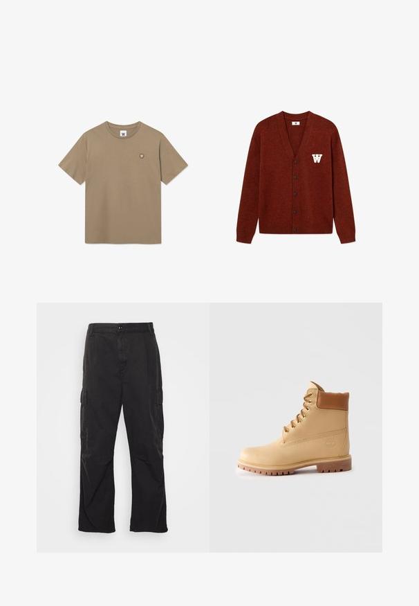 DOUBLE A BY W.W. WWTAY CARDIGAN 25081 - Cardigan - decadent chocolate melange; Tricou scurt cu mânecă scurtă și guler rotund, cu o mică aplicație logo în formă de cerc, prezentând un "W" alb pe pieptul stâng.; Pantaloni cargo negri, cu un design drept, având două buzunare laterale, închidere cu buton și un material texturat.; Botine din piele maro deschis, cu guler căptușit, ochiuri aurii, șireți bej și talpă groasă cu profil, pe un fundal simplu deschis.
