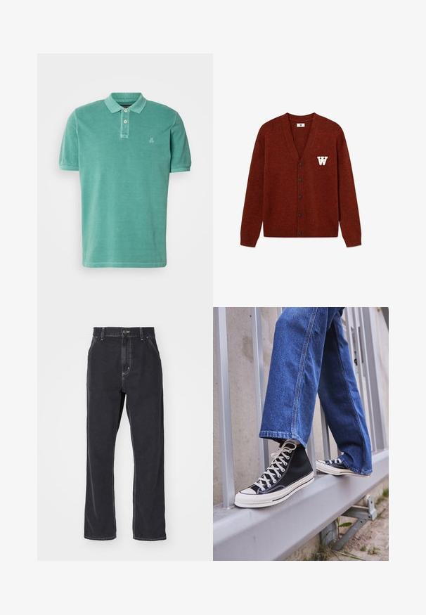 DOUBLE A BY W.W. WWTAY CARDIGAN 25081 - Kardiganas - decadent chocolate melange; Mėlynas polo marškinėlis, pagamintas iš medvilnės, su klasikiniu apykaklės dizainu, dviem mygtukais ir mažą logotipą kairėje krūtinės pusėje.; Juodas džinsinis kelnių modelis su tiesiomis kojomis, turintis užtrauktuką, penkias kišenes ir kontrastingą siuvinėjimą siūlėse.; Juodi aukšti sportiniai bateliai su baltu padu ir raišteliais, derinami su laisvai krentančiais mėlynais džinsais, atremti į pilką turėklą.