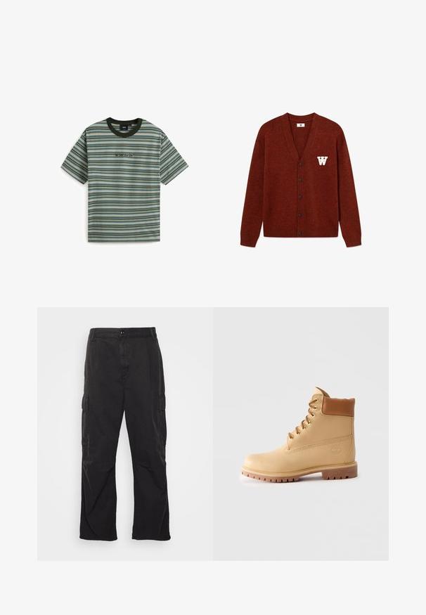 DOUBLE A BY W.W. WWTAY CARDIGAN 25081 - Kofta - decadent chocolate melange; Randig kortärmad t-shirt i gröna, blå och orange nyanser. Har en svart rund halsringning och "VANS"-logotypen broderad i mitten fram.; Svarta cargobyxor med rak bendesign, som har två sidofickor, ett knäppclosure och en strukturerad tyg.; Ljusbrun läderankelsko med vadderad krage, guldöglor, tan snörning och tjock sula med djupt mönster på en enkel ljus bakgrund.