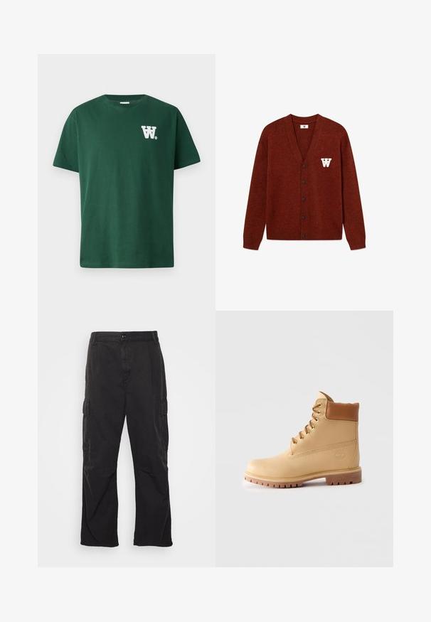 DOUBLE A BY W.W. WWTAY CARDIGAN 25081 - Vesta na kopčanje - decadent chocolate melange; Zeleni pamučni majica s okruglim izrezom i kratkim rukavima, s bijelim "W" logotipom na lijevoj strani prsnog dijela. Jednostavan dizajn, bez uzoraka.; Crne cargo hlače s ravnim krojem, s dvije bočne džepove, zatvaranjem na dugme i teksturiranim materijalom.; Svijetlosmeđi kožni gležnjači s podstavljenim okovratnikom, zlatnim rupicama, svijetlosmeđim vezicama i debelim izbočenim potplatom na jednostavnoj svijetloj pozadini.