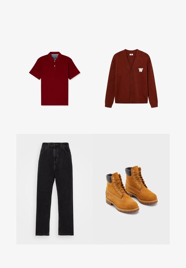 DOUBLE A BY W.W. WWTAY CARDIGAN 25081 - Vest - decadent chocolate melange; Bordeaux polo shirt van katoen, met een klassieke kraag, een sluiting met drie knopen en korte mouwen. Effen kleur, gladde textuur.; Zwarte denim jeans met een recht model, voorzien van vijf zakken, een knoop-en-ritsluiting en contrasterende gele stiksels.; Leren werklaarzen in bruin met een zwarte gewatteerde kraag, gouden veterogen en bruine rubberen zolen. Voorzien van contrasterende stiksels en een logo op de zijkant.