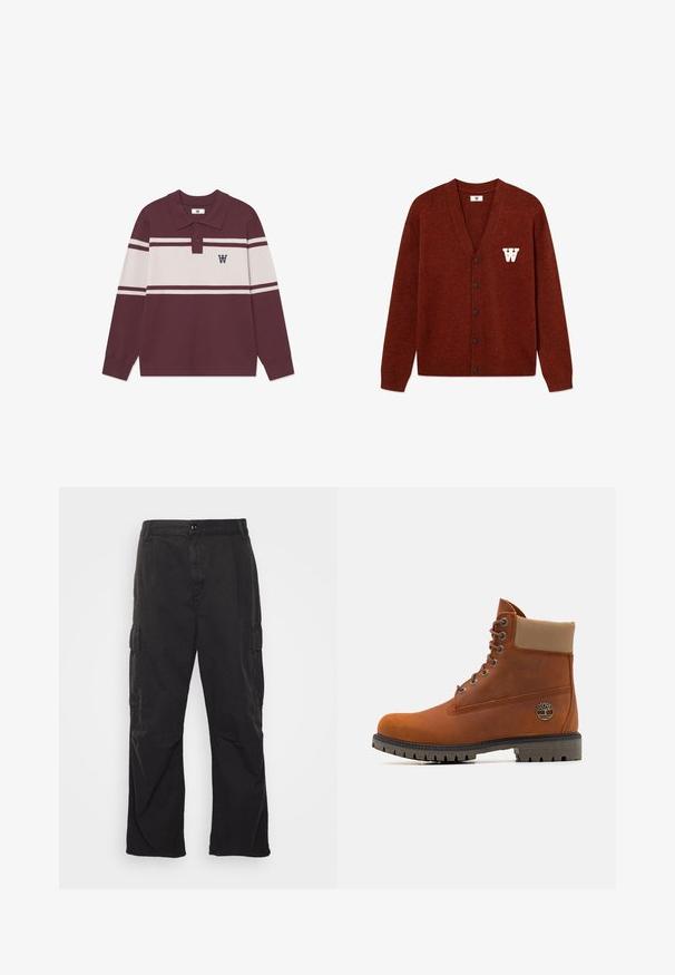 DOUBLE A BY W.W. WWTAY CARDIGAN 25081 - Cardigan - decadent chocolate melange; Long-sleeve burgundy polo shirt with white horizontal stripes, two buttons, and a black "W" logo on the left chest.; Black cargo pants with a straight-leg design, featuring two side pockets, a button closure, and a textured fabric.; Timberland Lace-up ankle boots - medium orange