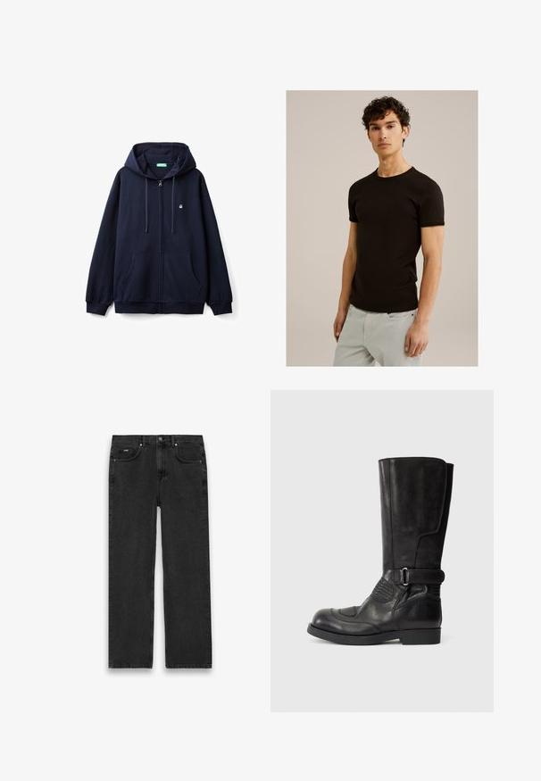 Marineblauwe zip-up hoodie gemaakt van zacht materiaal, met een vooraanlopende rits, twee zijzakken en een capuchon met koord en een klein logo op de borst.; Zwarte korte mouwen t-shirt met een ronde halslijn, gemaakt van een gladde, rekbare stof. De pasvorm is slim, ontworpen om dicht tegen het lichaam aan te zitten.; Zwarte denim jeans met een rechte snit, voorzien van vijf zakken, een knoopsluiting en lichte vervaging. Gelaagd stof en minimale stikseldetails.; Zwarte leren laarzen tot de knie met een ronde neus, contrasterende stiksels, een gespsluiting aan de zijkant en gestructureerde accenten aan de buitenkant.