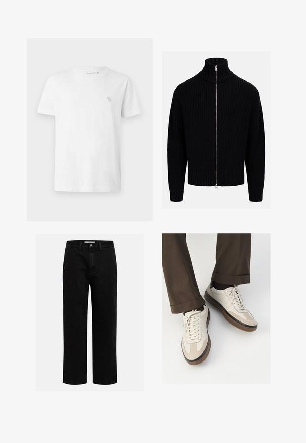 Maglione nero a zip, con collo alto, texture a coste e cerniera anteriore a tutta lunghezza, dotato di polsini e orlo aderenti.; Maglietta in cotone bianco a maniche corte, girocollo, con un piccolo logo grigio ricamato sul lato sinistro del petto. Texture liscia.; Pantaloni in denim nero con taglio dritto, design classico a cinque tasche e chiusura con bottone in vita. Tessuto liscio e materiale resistente.; Sneakers beige con una parte anteriore in suede testurizzato, lati in pelle liscia e una suola in gomma marrone. Inclusi lacci e dettagli di cucitura leggera.