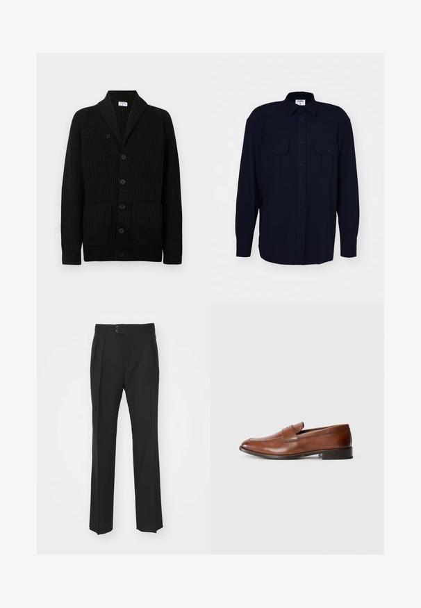 Čierny rebrovaný kardigán so šálovým golierom, zapínaním na gombíky a dvoma prednými vreckami. Vyrobený z textúrovanej látky.; Filippa K RELAXED PATCH POCKET SHIRT - Košeľa - navy; Čierne elegantné nohavice s rovnými nohavicami, dvoma prednými vreckami a dvojitým zapínaním na páse. Hladká textúra materiálu.; Hnedé kožené mokasíny s okrúhlou špičkou, minimálnym prešívaním a nízkym blokovým podpätkom. Obsahujú dekoratívny remienok naprieč hornou časťou.
