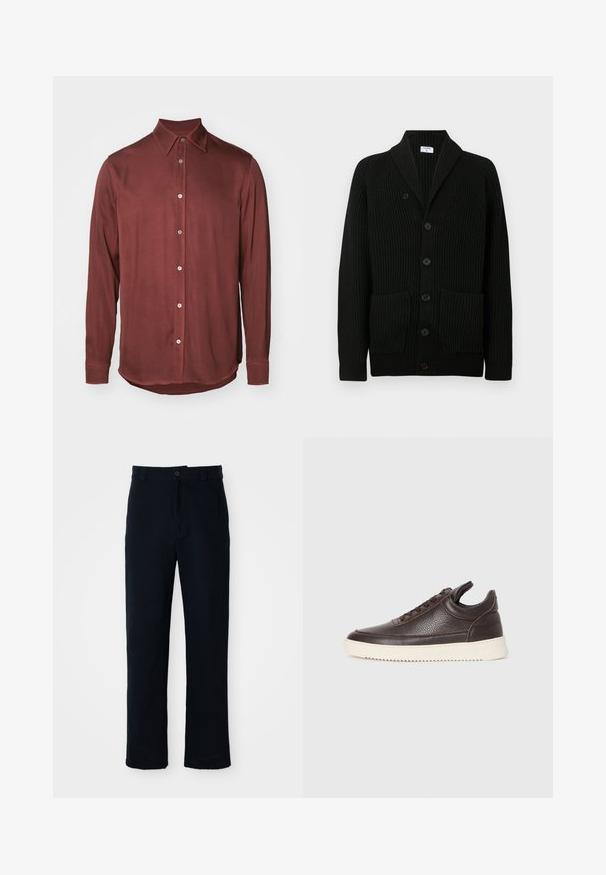 Μαύρο πλεκτό cardigan με γιακά τύπου σοσόνι, κουμπί κλεισίματος και δύο μπροστινές τσέπες. Φτιαγμένο από υφασμένο ύφασμα.; Μακρυμάνικο πουκάμισο σε σκούρο μπορντό, κατασκευασμένο από λείο ύφασμα, με κομψό γιακά και μεταλλικά κουμπιά κατά μήκος του μπροστινού φερμουάρ.; Κοντό παντελόνι σκούρου μπλε χρώματος, φτιαγμένο από βαμβάκι, με ίσια γραμμή, μπροστινό κλείσιμο με κουμπί και κλασική ζώνη με θηλιές.; Σκούρο καφέ υφασμάτινο δερμάτινο αθλητικό παπούτσι με δέσιμο μπροστά και λευκή ανάγλυφη καουτσούκ σόλα σε απλή ανοιχτόχρωμη φόντο.