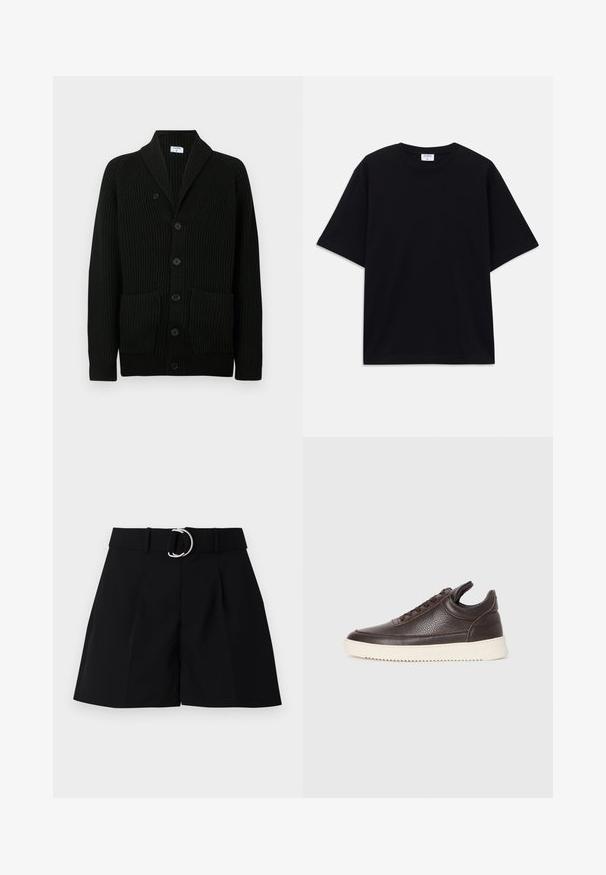 Čierny rebrovaný kardigán so šálovým golierom, zapínaním na gombíky a dvoma prednými vreckami. Vyrobený z textúrovanej látky.; Čierne nadrozmerné tričko s krátkym rukávom a okrúhlym výstrihom, s viditeľnou značkovou etikou Filippa K vo vnútri goliera.; Čierne nohavice na mieru z tkaného materiálu. Vlastnosti zahŕňajú široký pás s striebornou kruhovou sponou, záhyby vpredu a priamy strih.; Tmavohnedá textúrovaná kožená teniska s šnurovaním a bielou zvrškovou gumovou podrážkou na jednoduchom svetlom pozadí.
