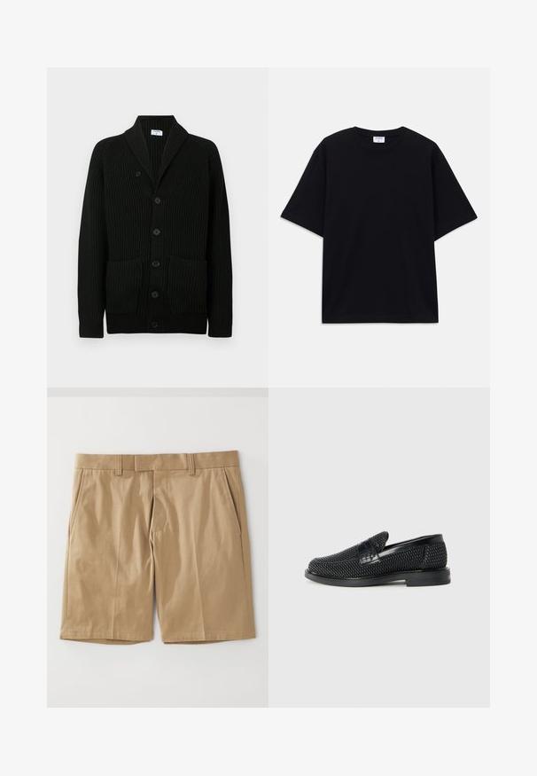 Melnā ribota kardigāna ar šalli, pogu aizdari un divām priekšējām kabatām. Izgatavots no teksturēta auduma.; Melns īsām piedurknēm oversize T-krekls ar apaļu kakla izgriezumu un redzamu Filippa K zīmola birku iekškaklā.; Haki šorti ar gludu, austu tekstūru, ar divām sānu kabatām un taisnu griezumu, veidoti ar plakanu jostasvietu un jostas cilpām.; Melnas austas slaidu kurpes ar gludu ādas akcentu augšpusē, apaļas formas purngalu un zemas profila gumijas zoli.