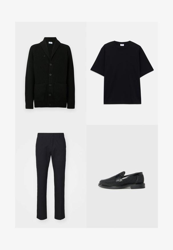 Cárdigan negro con canalé, cuello de chal, cierre de botón y dos bolsillos frontales. Fabricado en tejido texturizado.; Camiseta oversized de manga corta en negro con escote redondo y etiqueta de la marca Filippa K visible en el interior del cuello.; Pantalones navy con un corte entallado, hechos de una tela suave. Cuentan con un frente plano, trabillas para un cinturón y piernas rectas con un dobladillo limpio.; Zapato negro de tejido con un acento de cuero suave en la parte superior, diseño de punta redonda y suela de goma de perfil bajo.