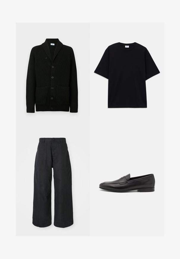 Zwarte geribbelde cardigan met een sjawl-kraag, knoopsluiting en twee voorzakken. Gemaakt van textuurstof.; Zwarte oversized T-shirt met korte mouwen en ronde hals, met zichtbaar Filippa K merkelabel aan de binnenkant van de kraag.; Zwarte wijde broek van canvasmateriaal met een knoopsluiting, voorzien van twee voorzakken en een ontspannen pasvorm.; Zwarte leren herenloafers met een lage hak en een klassiek pennystrap-ontwerp, getoond in zijaanzicht op een witte achtergrond.