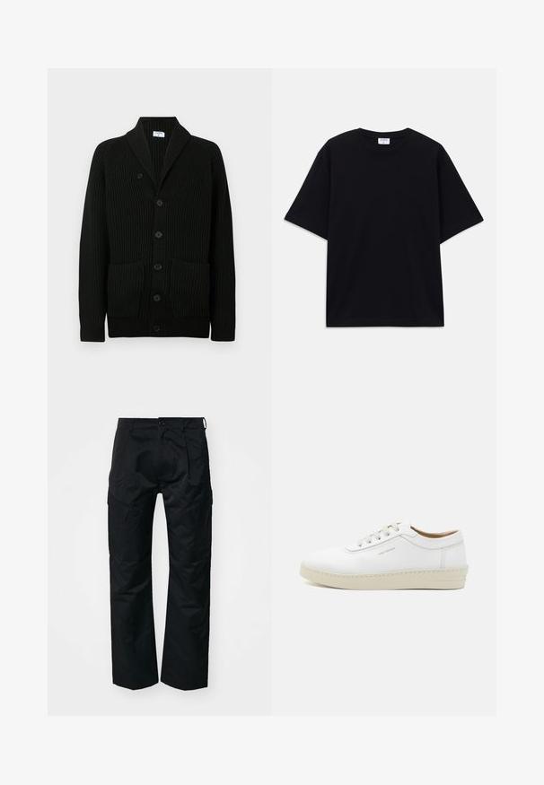 Crna rebrasta kardigan jakna s šalom, zatvaranjem na dugmadima i dva prednja džepa. Izrađena od teksturiranog materijala.; Crna kratka oversized majica s kratkim rukavima i okruglim izrezom, s vidljivom etiketom branda Filippa K unutar ovratnika.; Crne cargo hlače s glatkom teksturom, koje imaju bočne džepove, zatvaranje na gumb i ležeran kroj.; Bijele kožne tenisice s teksturiranim finishom, okruglim vrhom, bež gumiranim potplatom i šest sivih rupica za vezice, koje imaju suptilni branding sa strane.