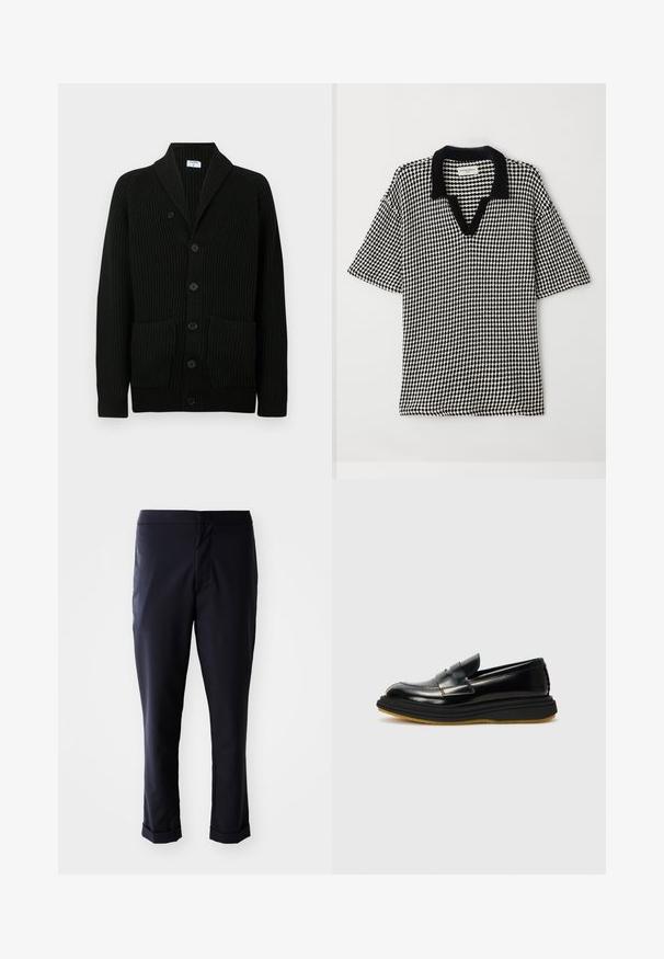 Zwarte geribbelde cardigan met een sjawl-kraag, knoopsluiting en twee voorzakken. Gemaakt van textuurstof.; Zwart-wit polo shirt met een geruit patroon, v-hals en contrasterende zwarte kraag. Korte, brede mouwen zorgen voor een ontspannen pasvorm.; Marineblauwe broek met een gladde stof, rechte pasvorm, gemiddelde taillehoogte en opgerolde mouwen. Geen zichtbare zakken of metalen details.; Zwarte leren instappers met een gestructureerd ontwerp, voorzien van een verhoogd voorpaneel, gestikte details en een dikke, gestructureerde rubberen zool.