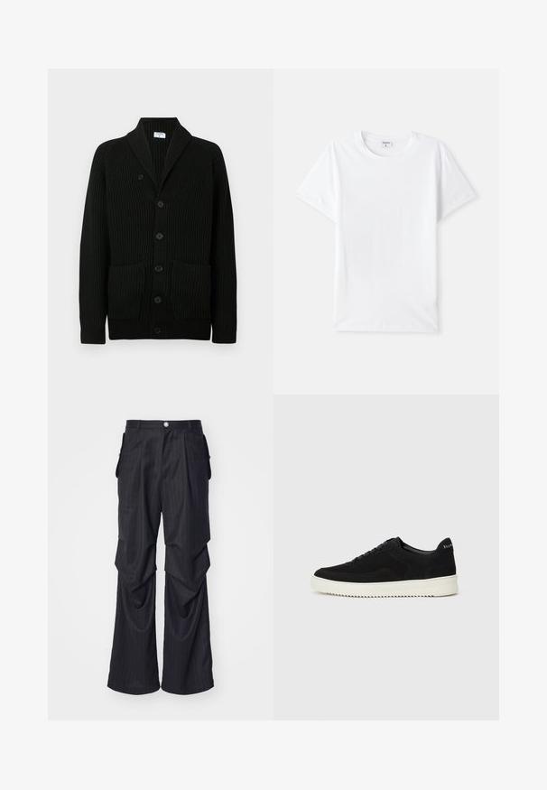 Črn rebrast cardigan s šalom, z gumbom in dvema sprednjima žepoma. Narejen iz teksturiranega blaga.; Bela bombažna majica, krojaške ovratnik, kratki rokavi, gladka tekstura, brez vzorcev ali akcentov, preprost dizajn, standardni kroj.; Črne hlače s črtastim vzorcem, širokega kroja, z naborki, stranskimi žepi in sprednjim zapiranjem na gumb. Gladka tekstura.; Črni semiš teniški copati z vezalkami in kontrastnim belim gumijastim podplatom. Imajo teksturirane stranske panele in subtilno oznako na peti.