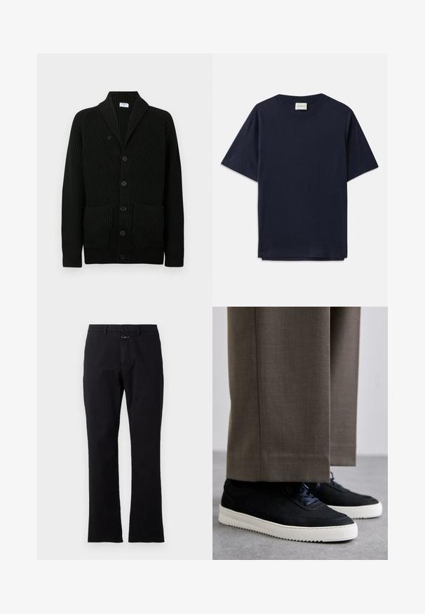 Melnā ribota kardigāna ar šalli, pogu aizdari un divām priekšējām kabatām. Izgatavots no teksturēta auduma.; T tumšzilā kokvilnas T-kreklu ar īsām piedurknēm, apaļu kakla izgriezumu un brīvu piegriezumu. Uz kakla izgriezuma ir uzrādīts uzraksts "CLOSED". Gluda tekstūra.; Melnas kokvilnas bikses ar taisnu kāju dizainu, priekšējo pogu aizdari un divām sānu kabatām; gluda tekstūra bez redzamām rakstām.; Melni zamšaini sporta apavi ar baltām gumijas zolēm, ar noapaļotu purngalu un auklām, valkāti ar pelēkiem piegrieztiem biksēm.