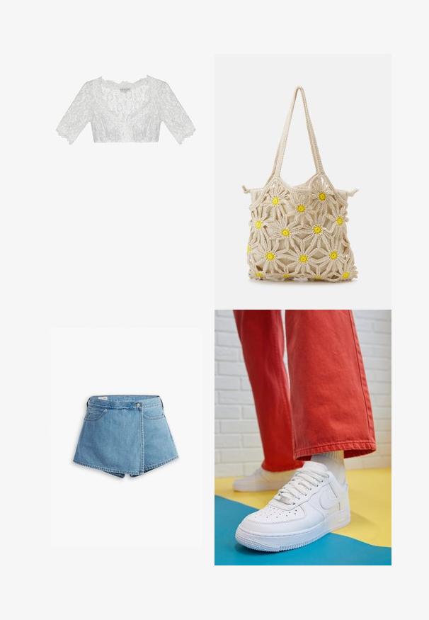Haut à capuche gris zippé en tissu doux, doté d'une poche avant, d'un cordon de serrage à la capuche et d'un logo Nike noir sur la poitrine gauche.; Blouse courte en dentelle blanche avec un décolleté en V, des manches courtes et des motifs floraux. Présente des bords festonnés pour ajouter de la texture et du détail.; Shorts en denim bleu clair, avec un design enveloppant, poches avant et fermeture à bouton en métal. Texture lisse avec bords cousus.; Baskets blanches en cuir avec une boîte à orteils perforée, semelle texturée et lacets blancs, associées à un large pantalon rouge et un fond bleu et jaune.; Sac en toile crocheté beige avec un motif floral, agrémenté d'accents jaunes. Deux poignées robustes pour le transport, texture douce et design ouvert.