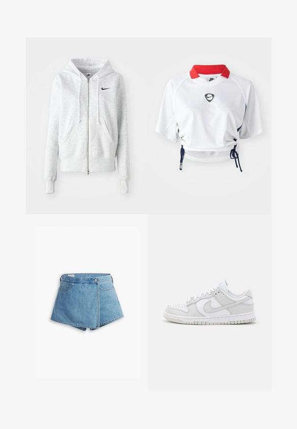 Haut à capuche gris zippé en tissu doux, doté d'une poche avant, d'un cordon de serrage à la capuche et d'un logo Nike noir sur la poitrine gauche.; Jersey blanc à manches courtes de Nike, avec un col rouge et un logo noir, doté de liens ajustables sur les côtés pour un bon fit. Détail de tissu texturé.; Shorts en denim bleu clair, avec un design enveloppant, poches avant et fermeture à bouton en métal. Texture lisse avec bords cousus.; Baskets en cuir blanc avec des accents gris, bout perforé, lacets plats, col rembourré et semelle en caoutchouc texturée.