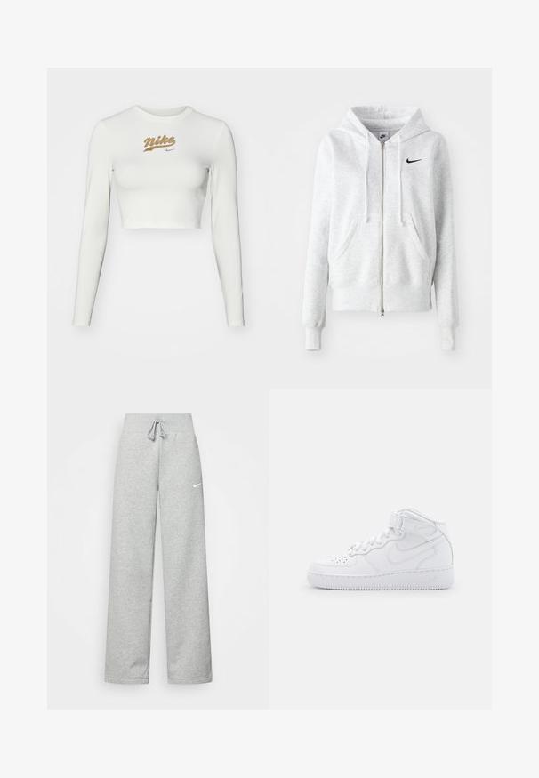 Szürke, cipzáras kapucnis pulcsi puha anyagból, elülső zsebbel, húzózsinóros kapucnival és fekete Nike logóval a bal mellrészen.; Fehér, hosszú ujjú crop top sima anyagból, arany Nike logónyomattal a mellrészen és klasszikus kerek nyakkivágással.; Szürke melegítőnadrág, elasztikus derékkal, zsinóros részletekkel és egy kis fehér Nike logóval a bal combon. Puha anyag, laza fazon.; Fehér, magas szárú bőrcipők párnázott bokarészes, perforált orral, fűzőkkel és állítható bokapánttal; logó az oldalon.