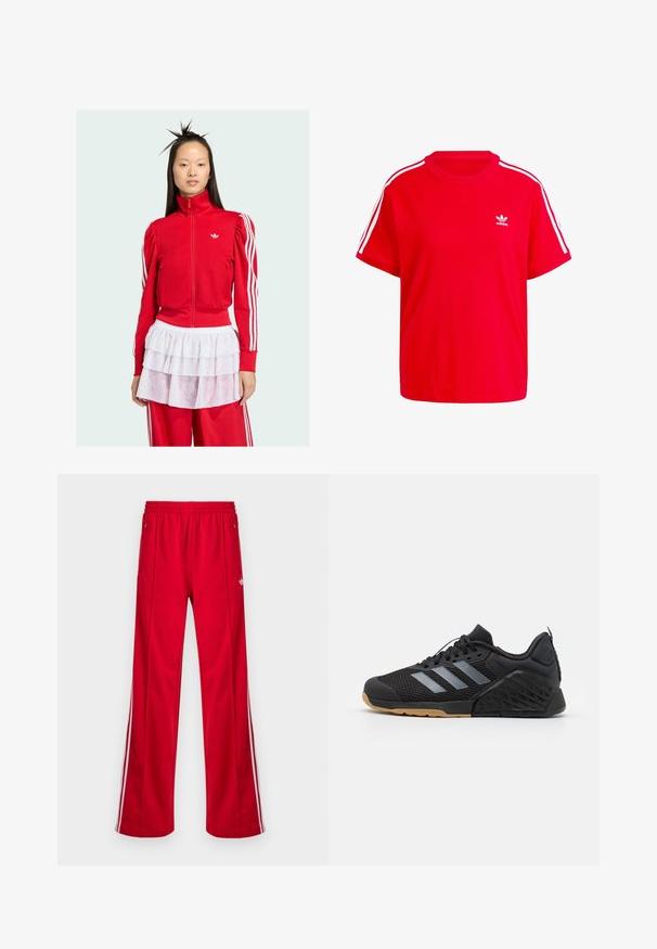 Red zip-up jacket with puffed sleeves, white Adidas logo, and white three-stripe accents. Paired with a sheer white ruffled skirt.; Red cotton t-shirt with a round neckline, short sleeves, white three-stripe accents on shoulders, and a small white logo on the chest.; Red athletic pants with a loose fit, elastic waistband, two side pockets, and white side stripes. Made from smooth, synthetic material.; Black athletic shoe with mesh upper, grey three-stripe design, rubber sole, and textured accents on the heel and side.