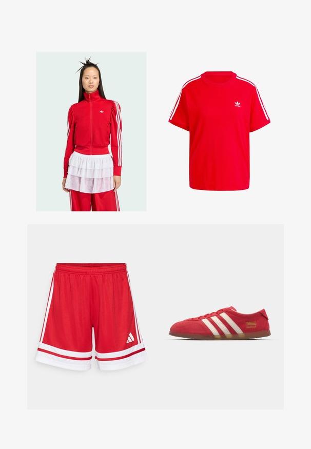 Röd zip-jacka med puffärmar, vit Adidas-logotyp och vita tre-strips-accenter. Kombinerad med en genomskinlig vit volangkjol.; Röd bomulls-t-shirt med rund halsringning, korta ärmar, vita tre-strängade detaljer på axlarna och en liten vit logotyp på bröstet.; Röda sportshorts med resårmidja, vita sidostripes och vita detaljer vid fållen. Har Adidas-logotypen i vitt.; Röd mockaskor med vitt trestripesdesign, platt sula och guldlogotyp. Lågskurna med rund tå och snörning.