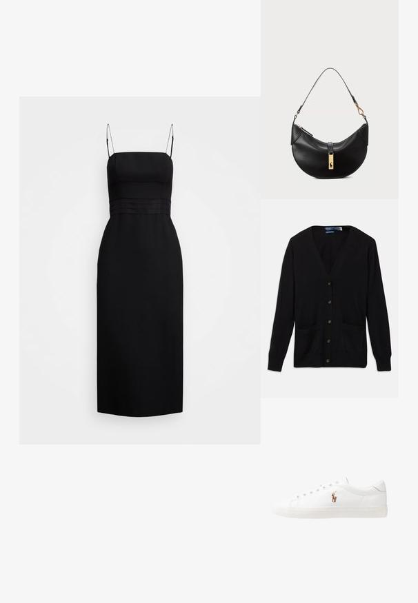 Cardigã preto com decote em V, mangas longas, botões à frente e dois bolsos frontais. Textura suave e um design de corte clássico.; Vestido midi preto feito de tecido suave, apresentando um corpo ajustado com alças finas e detalhes de costura na cintura.; Sapatilhas de couro brancas, design de cano baixo, com textura suave, biqueira redonda, atacadores à frente e um pequeno logótipo bordado na lateral.; Bolsa de couro preto em forma de meia-lua. Apresenta um detalhe em metais dourados e uma alça estreita. Textura suave, fechamento em zíper na parte superior.