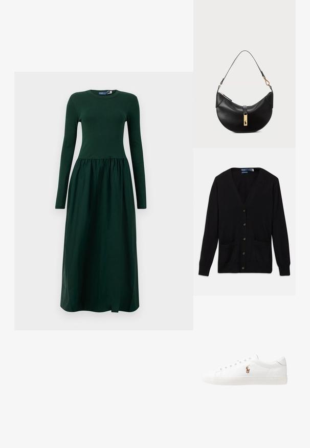 Fekete kardigán V-nyakkal, hosszú ujjakkal, elöl gombokkal és két elülső zsebbel. Puha textúrájú és klasszikus szabású dizájn.; Hosszú ujjú, sötétzöld ruha, fitted toppal és laza, redőzött szoknyával. Puha anyagból készült, kerek nyakkivágással és boka hosszúsággal.; Fehér bőr sportcipők, alacsony fazonban, sima textúrával, kerek orral, fűzős előlappal és egy kis hímezett logóval az oldalon.; Fekete bőr kézitáska félhold alakú formában. Aranyszínű fémrészekkel és keskeny pánttal rendelkezik. Simább felület, cipzáras záródás a tetején.