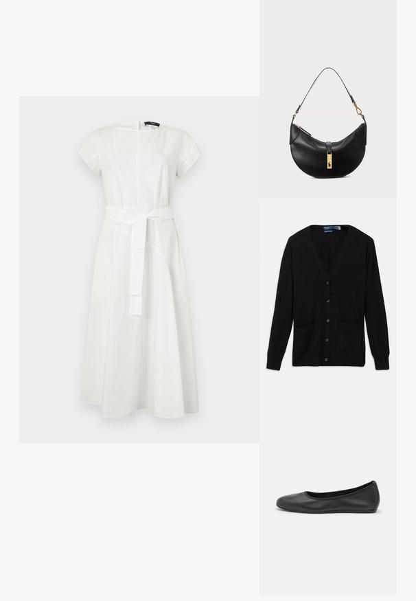 Crni kardigan s V-izrezom, dugim rukavima, dugmadi sprijeda i dva prednja džepa. Mekana tekstura i klasični kroj.; Bijela pamučna haljina s kratkim rukavima i okruglim izrezom. Ima pojas oko struka i lepršavu suknju s detaljima šavova.; Crne kožne baletanke s zaobljenim vrhom, glatke teksture, minimalnim detaljima šavova i fleksibilnim dizajnom potplata.; Crna kožna torba u obliku polumjeseca. Ima zlatne akcentne detalje i usku traku. Glatka tekstura, zatvaranje na rajsferšlus na vrhu.