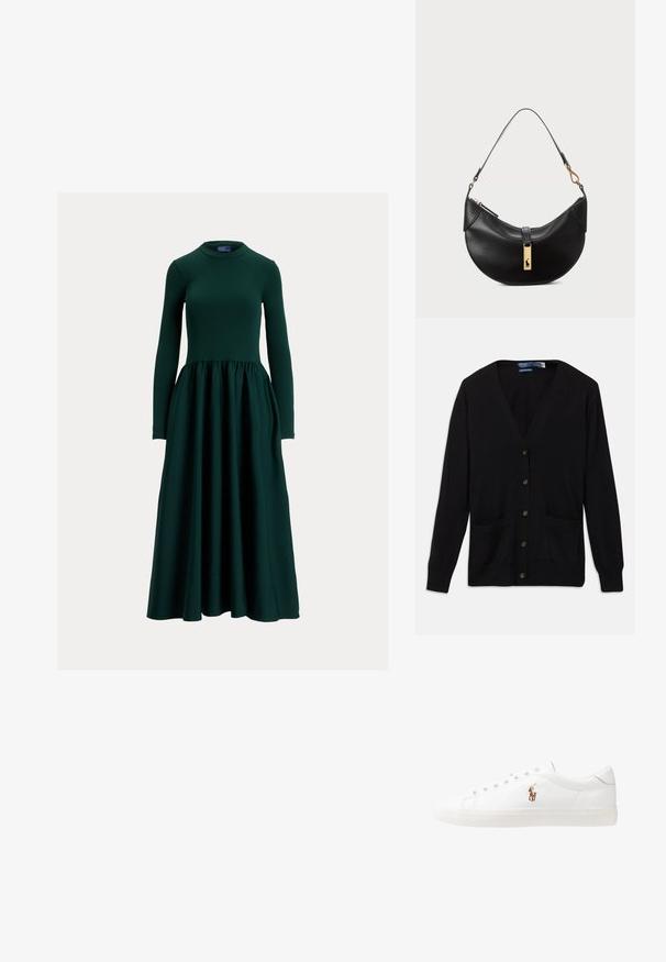 Černý kardigan s výstřihem do V, dlouhými rukávy, knoflíky vpředu a dvěma předními kapsami. Jemná textura a klasický střih.; Tmavě zelené šaty s dlouhým rukávem z hladké látky, s přiléhavým živůtkem a rozšířenou, nabíranou sukní. Kulatý výstřih.; Bílé kožené tenisky, nízký střih, s hladkým povrchem, kulatou špičkou, šněrováním v přední části a malým vyšitým logem na boku.; Černá kožená kabelka ve tvaru půlměsíce. Obsahuje zlaté kovové detaily a úzký popruh. Hladký povrch, zapínání na zip na vrchu.