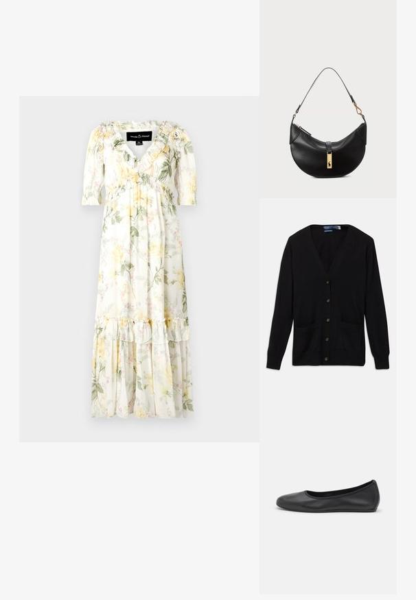 Schwarzer Cardigan mit V-Ausschnitt, langen Ärmeln, Knöpfen an der Vorderseite und zwei vorderen Taschen. Sanfte Textur und klassisches Fit-Design.; Blumenkleid im Maxistil aus weichem, leichtem Stoff. Merkmale: weiße Basis mit gelben und grünen Mustern, Rüschensäumen und einem geschichteten Saum.; Schwarze Leder-Ballettschuhe mit abgerundeter Spitze, glatter Textur, minimalen Nähdetails und einem flexiblen Sohlen-Design.; Schwarze Lederhandtasche in Halbmondform. Verfügt über eine goldene Hardware-Akzentuierung und einen schmalen Tragegurt. Sanfte Textur, Reißverschlussverschluss an der Oberseite.