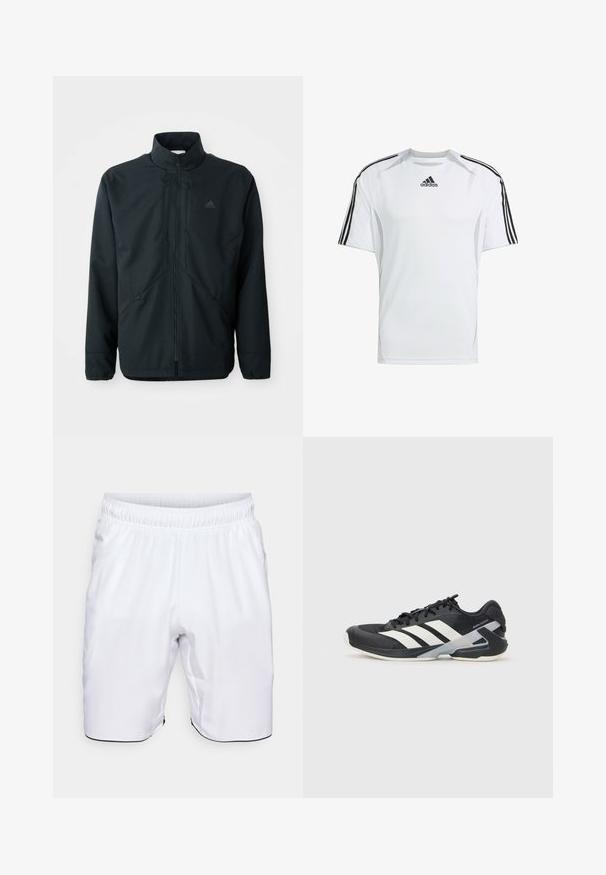 Čierna, ľahká bunda s vysokým golierom, zipsom a jemným textúrovaným vzorom. Obsahuje nastaviteľné šnúrky a bočné vrecká.; Biele krátke rukávy športové tričko s čiernymi Adidas trojpruhmi na pleciach, vyrobené z hladkej, ľahkej tkaniny.; Biele športové šortky vyrobené z ľahkej tkaniny. Majú elastický pás a bočné vrecká, so kontrastným čiernym lemovaním na leme.; Čierna športová obuv s bielymi pruhmi, sieťovinový zvršok, zaoblená špička a polstrovaná podrážka. Obsahuje štruktúrovaný opätok a bezpečný systém šnurovania.
