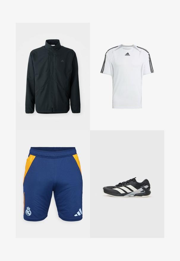 Crna, lagana jakna s visokim ovratom, zatvaranjem na patentni zatvarač i suptilnim teksturiranim uzorkom. Ima podesive vrpce i bočne džepove.; Bijela atletska majica kratkih rukava sa crnim Adidas trostrukim trakama na ramena, izrađena od glatkog, laganog materijala.; Plave sportske kratke hlače s narančastim mrežastim stranama, s bijelim Adidas logom i grbom Real Madrida. Elastična traka u struku za udobnost.; Crne atletske cipele s bijelim prugama, mrežasta gornja strana, zaobljeni prst i podstavljeni đon. Imaju teksturiranu petu i siguran sustav vezivanja.