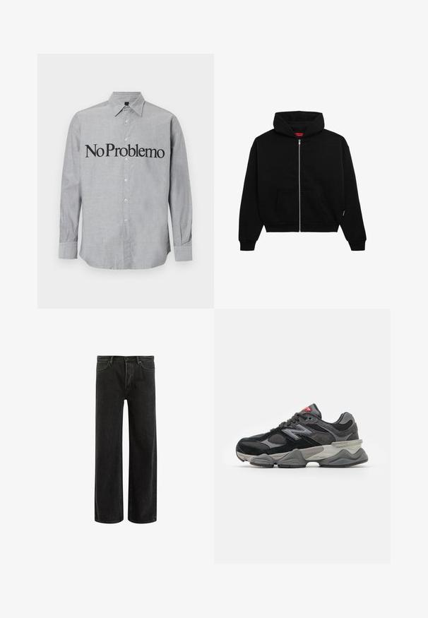 Svart zip-up hettegenser laget av mykt stoff, med en frontlomme, ribbestrikkede mansjetter og hette med snøring. Ingen synlige mønstre eller detaljer.; Grå skjorte med krage, lange ermer, og "No Problemo" trykt i stor svart tekst over fronten. Glatt, lett stoff.; Svarte denim vide bukser med høyt liv, med klassisk fem-lomme design og subtil bleking for en teksturert utseende.; Svarte og grå joggesko med en blanding av semsket skinn og mesh-materialer, tykk såle, fremtredende logo, og rød detalj på tungen.