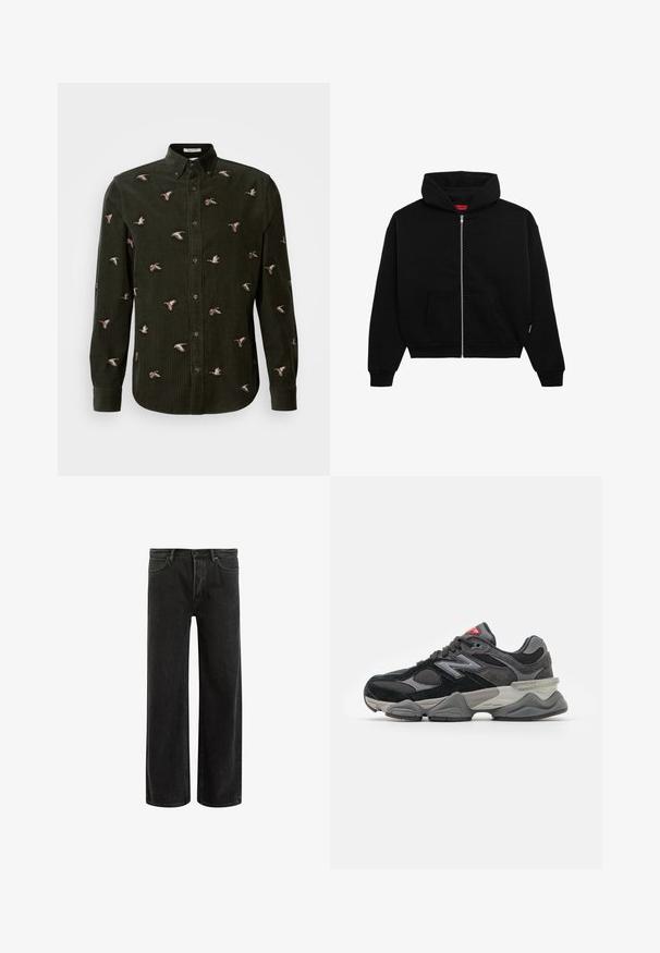 Zwarte zip-up hoodie van zachte stof, met een voorzak, geribbelde boorden en een capuchon met trekkoord. Geen zichtbare patronen of accenten.; Donkergroene corduroy shirt met geborduurde eenden in verschillende poses. Knop-down kraag en lange mouwen met knoopsluitingen.; Zwarte denims met wijde benen en een hoge taille, met een klassiek vijf zakken ontwerp en subtiele vervaging voor een textuur uitstraling.; Zwarte en grijze sneaker met een mix van suede en mesh materialen, dikke zool, opvallend logo en een rode accent op de tong.