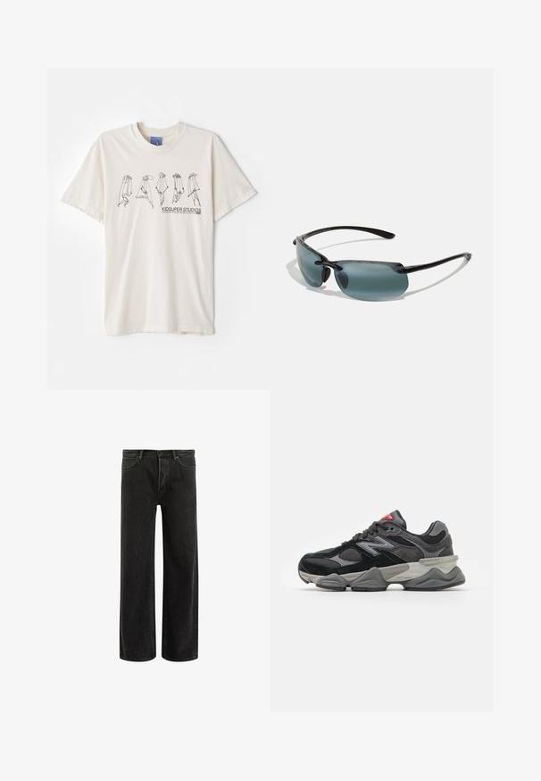 Black zip-up hoodie made of soft fabric, featuring a front pocket, ribbed cuffs, and a drawstring hood. No visible patterns or accents.; Cream-colored cotton t-shirt with short sleeves, featuring a black abstract design and text “KIDSUPER STUDIOS” in the center.; Black denim wide-leg jeans with a high waist, featuring classic five-pocket design, and subtle fading for a textured appearance.; Black and gray sneaker with a mix of suede and mesh materials, thick sole, prominent logo, and red accent on the tongue.; Sunglasses with a black frame, gray tinted lenses, and sleek design. Features curved edges and thin arms for a lightweight look.