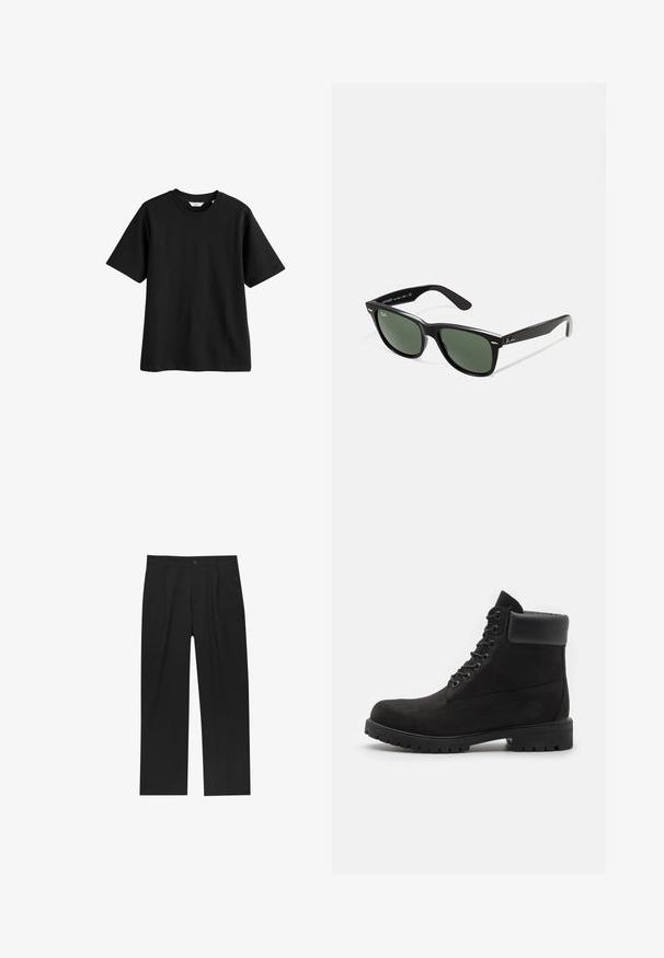 Felpa nera con zip realizzata in tessuto morbido, presenta una tasca frontale, polsini a coste e cappuccio con cordino. Senza pattern o dettagli visibili.; T-shirt in cotone nero con maniche corte, scollatura rotonda e vestibilità morbida. Texture liscia, senza pattern o dettagli visibili.; Pantaloni neri con un design a gamba dritta, realizzati in un tessuto liscio. Presentano pieghe frontali e una chiusura a un bottone in vita.; Stivale alla caviglia nero con lacci, colletto imbottito e suola robusta, mostrato in profilo su uno sfondo bianco.; Occhiali da sole in plastica nera con lenti verdi, montatura quadrata, dettaglio argento sulla parte superiore e steli con texture. Marchio indicato sulla parte interna dello stelo.