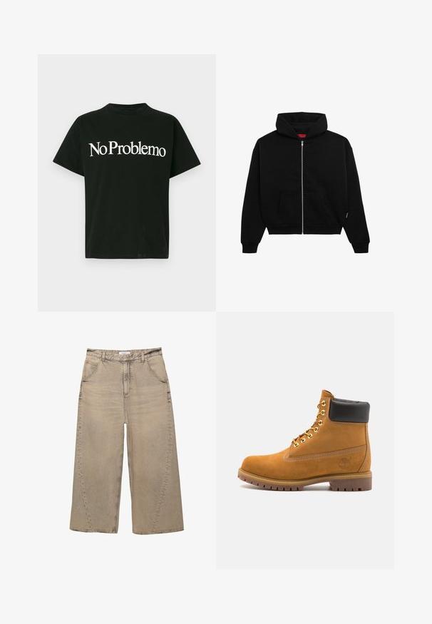 Črna zip-up kapuca iz mehkega blaga, z sprednjim žepom, rebrastimi manšeti in kapuco na vrvico. Brez vidnih vzorcev ali dodatkov.; Črna majica s kratkimi rokavi z belim napisom "No Problemo" osredotočena spredaj na enostavni svetli ozadju.; PULL&BEAR MEGA BAGGY - Vrečaste kavbojke - light grey; Svetlo rjave anklne čizme iz semiša z črnim oblazinjenim ovratnikom, zlatimi kovinskimi očesci, belimi šivi in robustnim gumijastim podplatom s izrazitimi tredi.