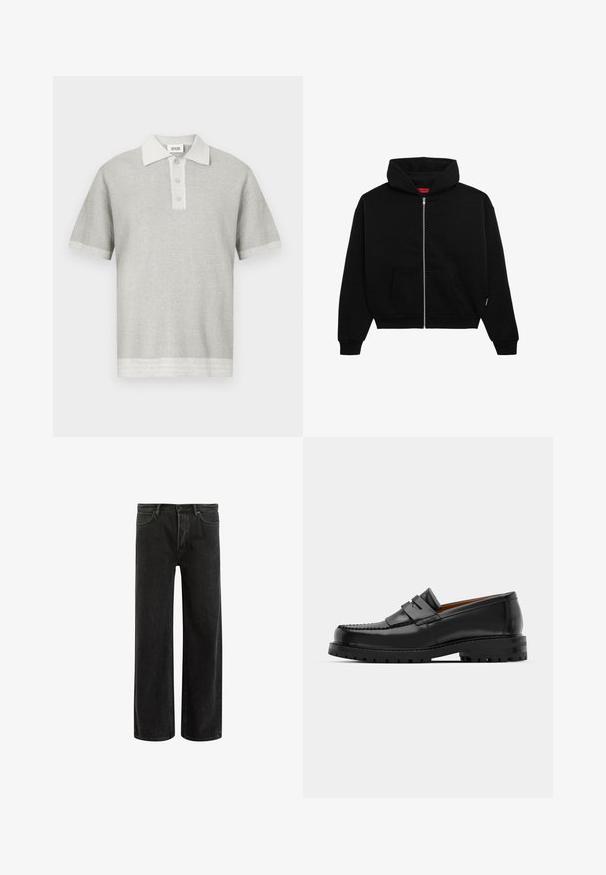 Černá mikina na zip vyrobená z měkkého materiálu, s přední kapsou, žebrovanými manžetami a kapucí se šňůrou. Žádné viditelné vzory ani akcenty.; Světlounce šedé krátké pletené polo tričko s třemi knoflíky a texturovaným vzorem, vybavené límečkem a o něco tmavšími okraji lemu.; Černé džíny s širšími nohavicemi a vysokým pasem, s klasickým designem pěti kapes a jemným vyblednutím pro texturovaný vzhled.; Černé kožené mokasíny mají zvýšený šev, dvě dekorativní pásky na svršku a silnou strukturovanou podrážku pro lepší přilnavost.