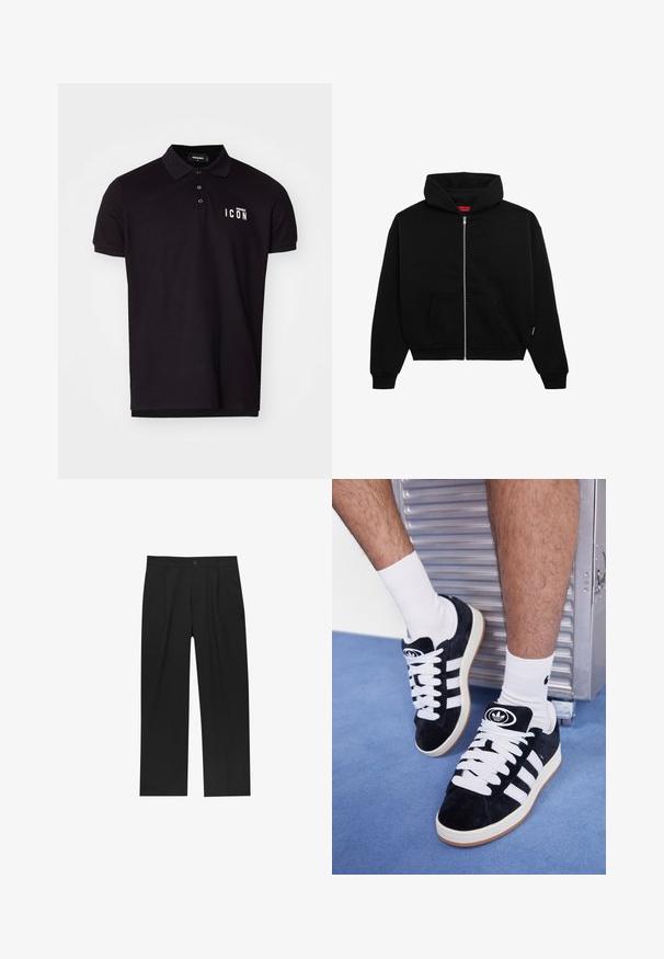 Felpa nera con zip realizzata in tessuto morbido, presenta una tasca frontale, polsini a coste e cappuccio con cordino. Senza pattern o dettagli visibili.; Polo shirt nera in misto cotone con colletto classico, tre bottoni e testo "ICON" bianco sul lato sinistro del petto. Texture liscia, maniche corte.; Pantaloni neri con un design a gamba dritta, realizzati in un tessuto liscio. Presentano pieghe frontali e una chiusura a un bottone in vita.; Sneakers in suede nero con lacci bianchi e tre strisce bianche. Presentano un logo circolare nero sulla linguetta e una suola in gomma color gomma.