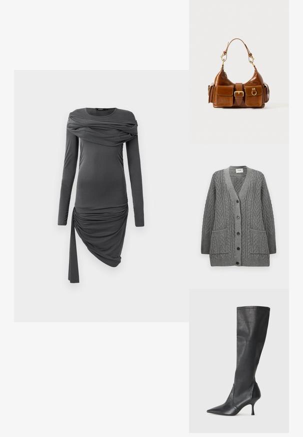 Grå kabelstickad cardigan med V-ringning, fem svarta knappar, lång ärm och två framfickor.; Mörkgrå långärmad åtsittande klänning med draperat tyg över bröstet och asymmetrisk rynkad kjol med hängande band på ena sidan.; Knähöga svarta läderstövlar med spetsig tå och smal stilettklack. Slät textur med en åtsittande design och sömnad vid övre kanten.; Brun läderhandväska med en rundad form, dubbla detaljer i gyllene ton, två framfickor och ett brett band. Slät textur med en elegant finish.