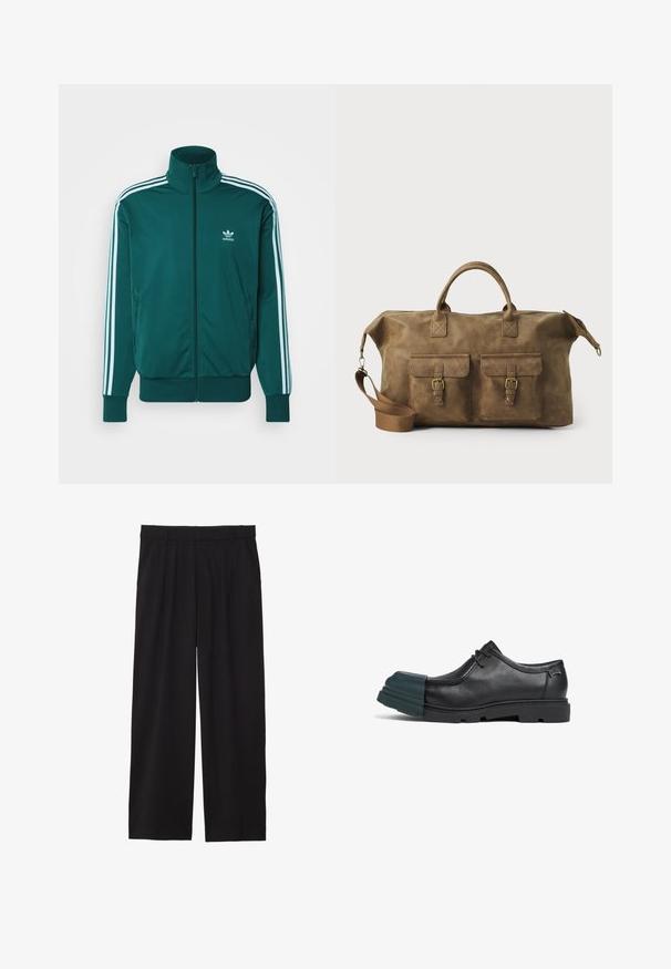 adidas Originals FBIRD - Sweater met rits - mineral green; Witte overhemd met lange mouwen van soepel katoen, met een klassieke kraag en een subtiele glans. Vijf knopen aan de voorkant.; Zwarte wijde broek met geplooide voorkant, zijzakken en een gladde stoftextuur. Ontworpen voor een ontspannen pasvorm.; Zwarte leren schoen met een ronde neus, voorzien van een groene rubberen overlay. Ontworpen met een gladde afwerking en een dikke, gestructureerde zool.; Bruine leren weekendtas met twee voorzakken, verstelbare schouderband, gouden hardware en stevige handvatten aan de bovenkant. Strakke textuur.