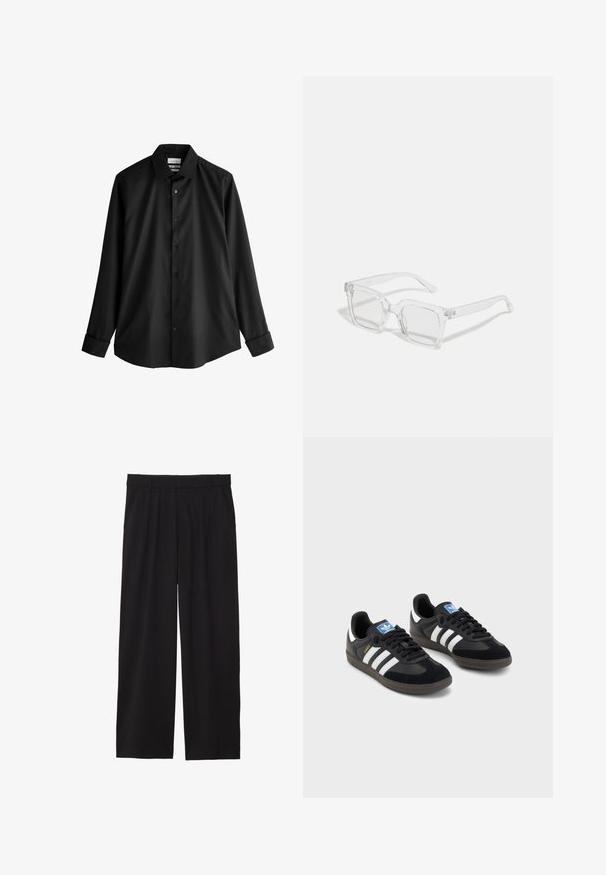 adidas Originals FBIRD - Sweater met rits - mineral green; Zwarte, lange mouwen overhemd met knopen en een gestructureerde kraag, met een elegante, gladde textuur en zes bijpassende knopen aan de voorkant.; Zwarte wijde broek met geplooide voorkant, zijzakken en een gladde stoftextuur. Ontworpen voor een ontspannen pasvorm.; Zwarte sneakers met een bovenwerk van suède en synthetisch materiaal, voorzien van drie witte strepen, een gestructureerde rubberen zool en een blauw logo-label op de tong.; Heldere rechthoekige zonnebril met een dikke plastic montuur, voorzien van licht getinte lenzen en zonder extra patronen of accenten.; Bordeaux satijnen stropdas met een gladde textuur, smalle breedte en spitse punt; voorzien van een lus voor eenvoudig dragen.; Set van vijf zilveren ringen met verschillende ontwerpen: een kettingpatroon, een gladde band, een stippenband en opengewerkte accenten.