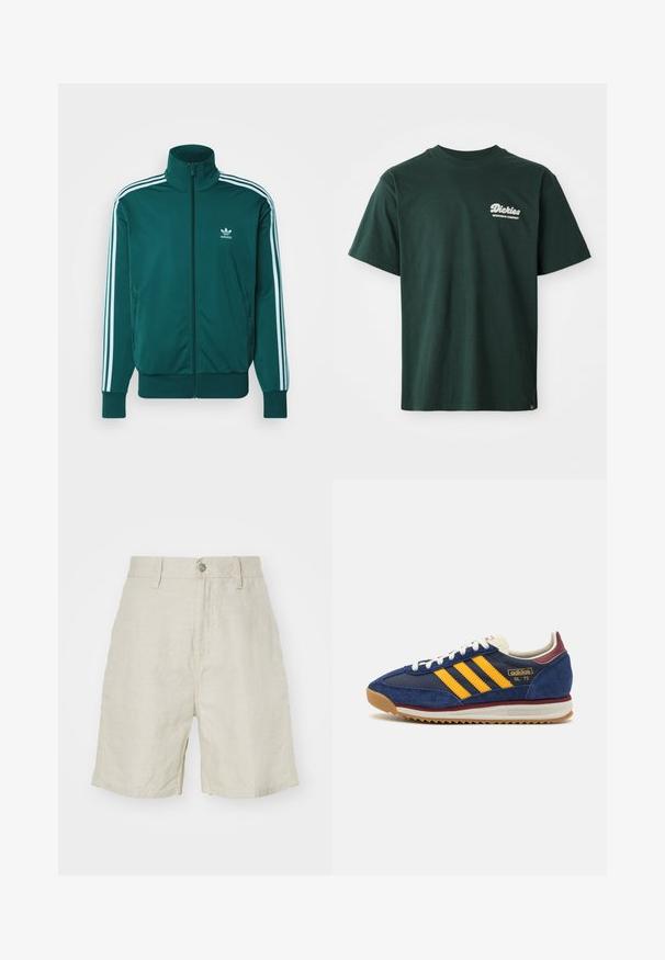 adidas Originals FBIRD - Sweat zippé - mineral green; T-shirt en coton vert avec un col rond, des manches courtes et un logo blanc sur le côté supérieur gauche. Coupe légèrement décontractée et texture lisse.; Shorts en lin couleur beige clair, avec une taille haute, une fermeture à boutons et des poches latérales. Texture lisse avec une coupe décontractée.; Basket en velours marine avec des rayures jaunes, des lacets blancs et des accents bordeaux. Semelle texturée avec des rainures pour une adhérence optimale. Logo de la marque sur le côté.