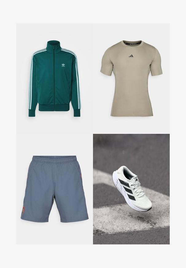 adidas Originals FBIRD - Cipzáras pulóver - mineral green; Fittelt, rövid ujjú atlétikai póló világos bézs színben, sima, rugalmas anyagból készült. Fekete logóval rendelkezik a mellkasán és kerek nyakkivágással.; Szürke sportos rövidnadrág, rugalmas derékpánttal, oldalsó zsebekkel és piros logóval a bal lábon. Könnyű, sima anyag, diszkrét fényű.; Fehér sportcipő texturált hálós felsőrésszel, fekete csíkokkal, fűzős záródással és párnázott talppal, egy megjelölt útfelület felett lebeg.