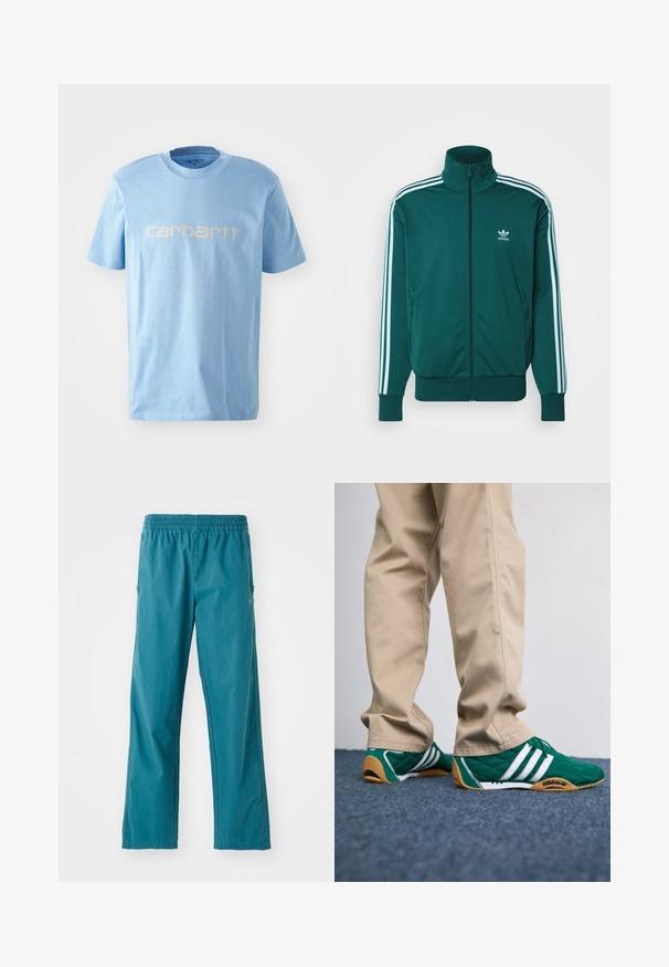 adidas Originals FBIRD - Sudadera con cremallera - mineral green; Camiseta de algodón azul claro con cuello redondo y mangas cortas. Presenta el logo de "carhartt" en blanco en el pecho.; Pantalones de color verde azulado hechos de un tejido ligero, con cinturilla elástica y un corte recto con bolsillos laterales.; Zapatillas de deporte verdes acolchadas con rayas blancas y suelas de goma marrón, combinadas con pantalones beige. El diseño presenta un perfil bajo y material texturizado.
