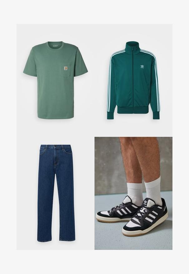 adidas Originals FBIRD - Φούτερ με φερμουάρ - mineral green; Carhartt WIP POCKET - Βασικό μπλουζάκι - duck green; Σκούρες μπλε τζην παντελόνες με κοπή ίσιας γραμμής, που διαθέτουν ψηλή μέση, μπροστινές τσέπες και αντίθετη κίτρινη ραφή.; Μαύρα και λευκά αθλητικά παπούτσια με άνω μέρος από σουέτ και δέρμα, featuring τρεις λευκές ρίγες, περατά δάχτυλα και σόλα από καουτσούκ τύπου γκαστ.