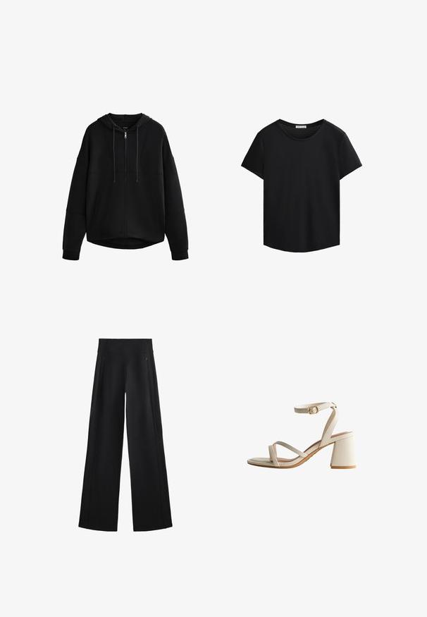 Zwarte rits-hoodie met een gevoerde capuchon, verlaagde schouders en zijzakken; gemaakt van zachte stof met een gladde textuur en minimale naden.; Zwart T-shirt met korte mouwen, ronde halslijn en geperforeerde mesh-details op de schouders. Glad materiaal, ontspannen pasvorm, gebogen zoom.; Zwarte broek met wijde pijpen van een zachte stof, voorzien van een hoge tailleband en twee ritszakken, met subtiele naden langs de zijkanten.; Beige hakken sandaal met twee gekruiste banden en een enkelsluiting. Vierkante blokhak en een gladde textuur met een semi-matte afwerking.
