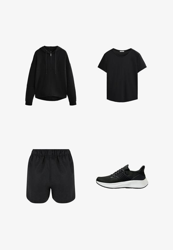 Hanorac negru cu fermoar, cu glugă căptușită, umeri lăsați și buzunare laterale; realizat dintr-un material moale, cu o textură netedă și cusături minime.; Tricou negru cu mâneci scurte, guler rotund și detalii din plasă perforată pe umeri. Țesătură netedă, croială relaxată, hem curbat.; Pantaloni scurți negri cu un talie elastică. Material moale, design simplu și un tiv ușor rotunjit la baza. Fără modele sau logo-uri vizibile.; Pantof cu aspect sportiv de culoare neagră, cu ușă din material texturat, sistem de șirete și o talpă intermediară albă. Include un profil jos și un design al tălpii curbat.