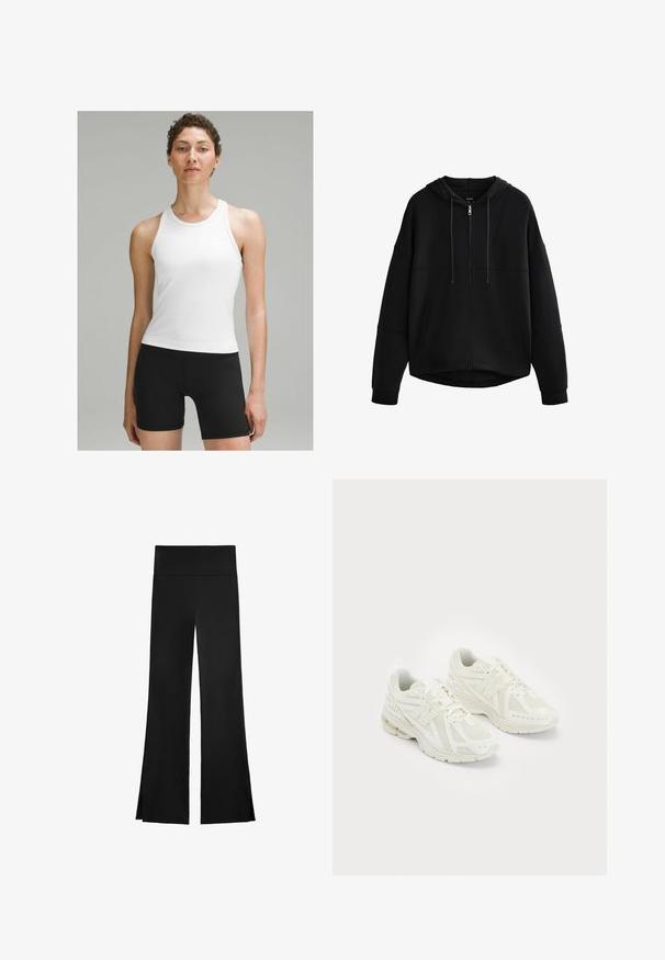 Schwarze Zip-Hoodie mit gefütterter Kapuze, überschnittenen Schultern und Seitentaschen; aus weichem Stoff mit glatter Textur und minimalen Nähten gefertigt.; Weißes sportliches Tanktop mit rundem Ausschnitt und breiten Trägern, kombiniert mit schwarzen figurbetonten Shorts. Glatter Stoff mit minimalen Nähten.; Schwarze Hose mit weitem Bein, ausgestattet mit einem hohen Bund und seitlichen Schlitzen für zusätzliche Bewegungsfreiheit. Hergestellt aus einem glatten, elastischen Stoff.; Weiße Sportschuhe aus Mesh- und synthetischen Materialien, Schnürdesign, gepolsterter Kragen und strukturiertes Profil für besseren Grip. Leichte Bauweise.